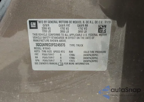 2015 Chevrolet Silverado 1500 1Lt from USA, damaged, VIN 3GCUKREC6FG245876